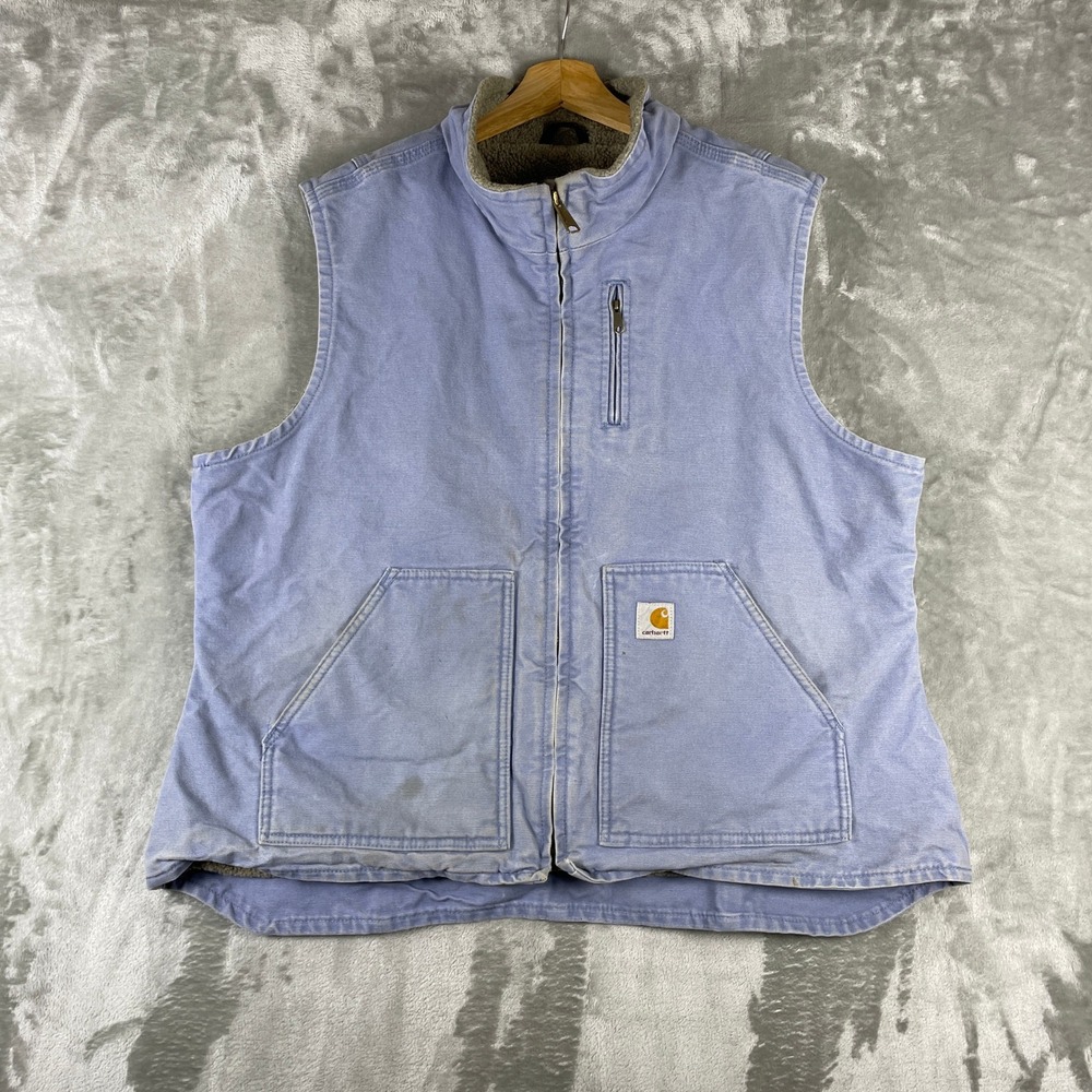 Carhartt Vest Women XL Blue Sherpa Lined Canvas Full Zip Workwear Distressed